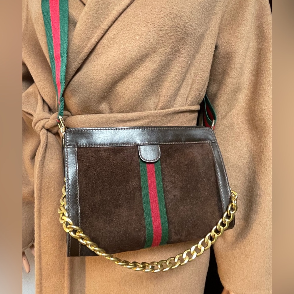 Authentic Gucci vintage web sherry line suede bag (KHS13)